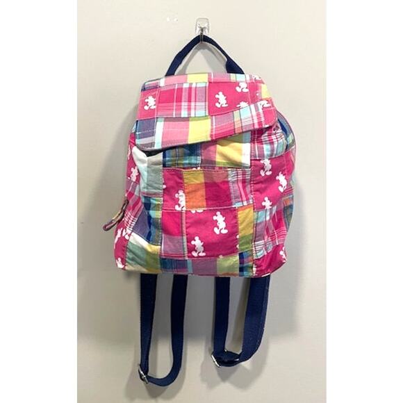 Disney Parks Mickey Silhouette Pink Madras Patchwork Backpack - Picture 7 of 8